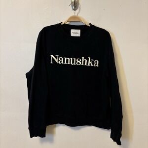 Nanushka Women's Box Logo Crewneck Sweatshirt Black S Preppy Embroidered Cotton